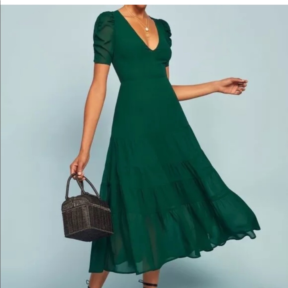 REFORMATION EMERALD GREEN COSA DEEP V-NECK MIDI